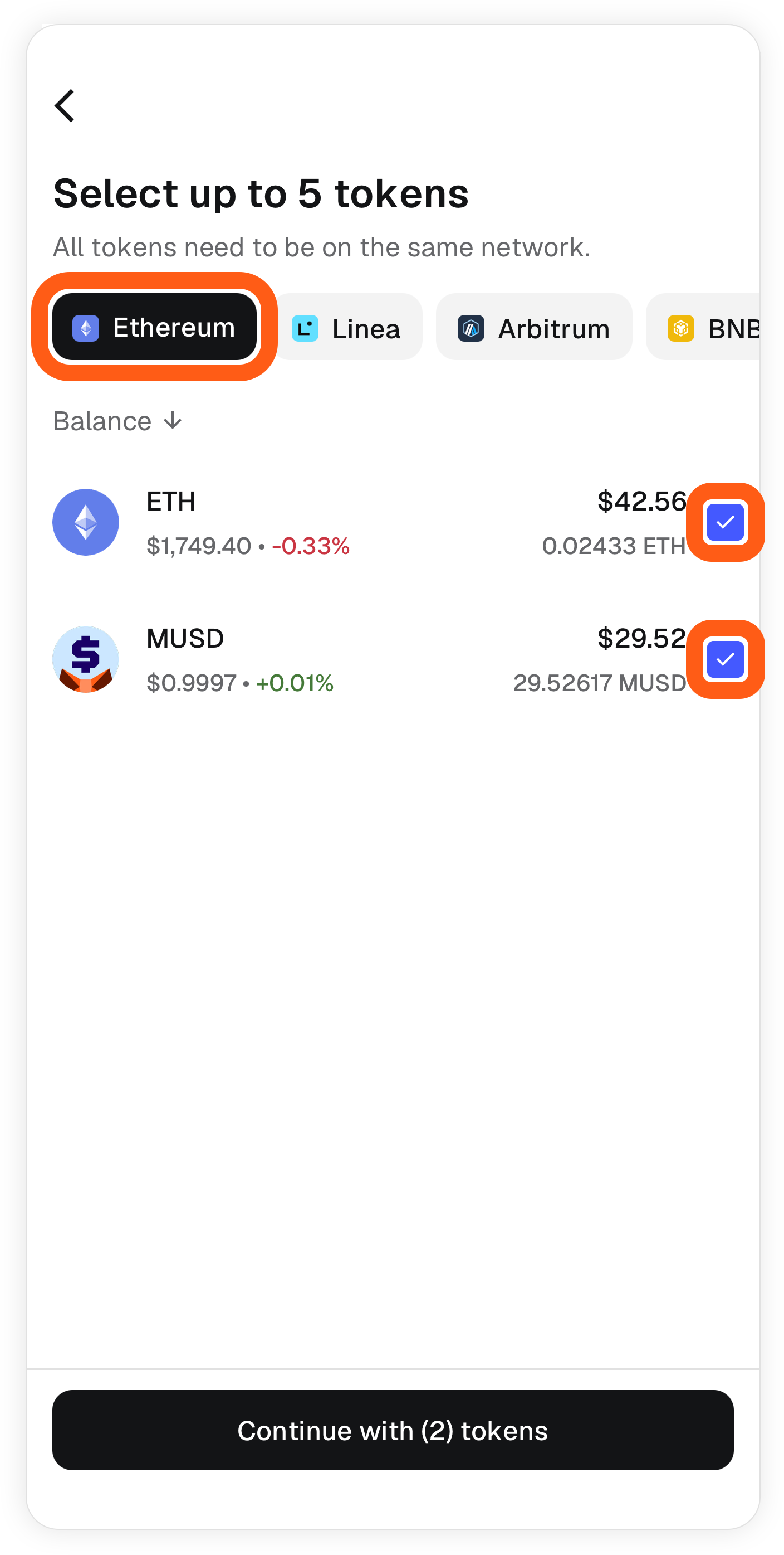 MetaMask mobile batch sell choose network and tokens