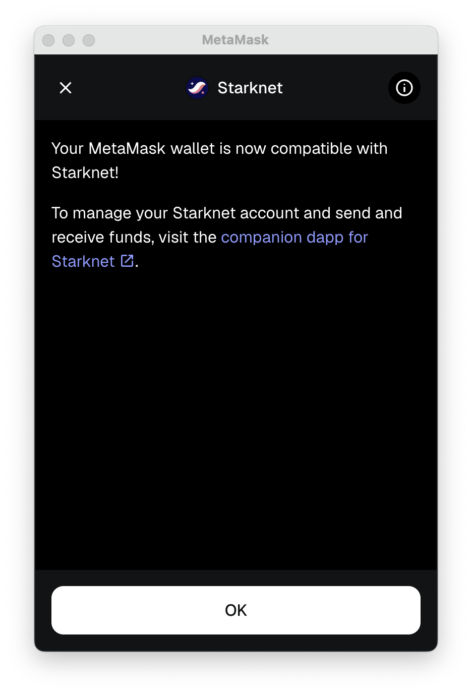MetaMask Snaps extension starknet install complete