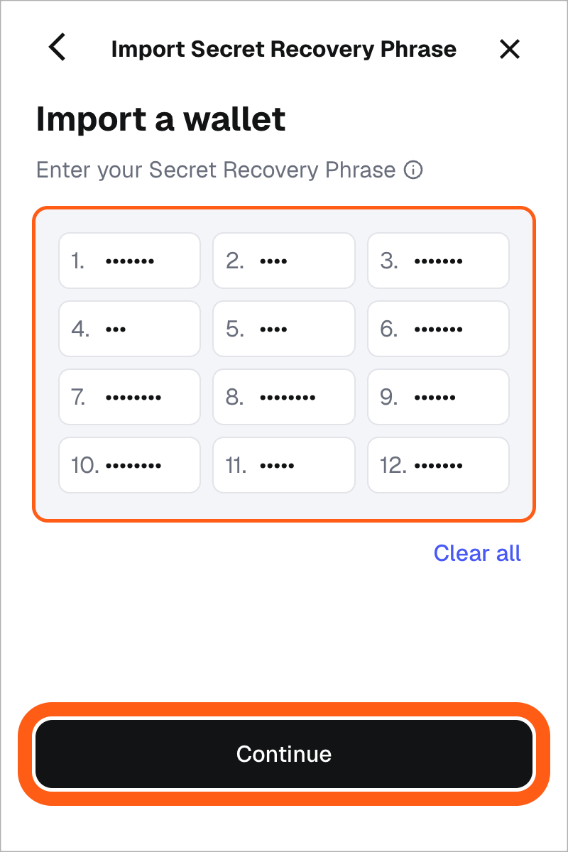 MetaMask extension import a wallet secret recovery phrase form