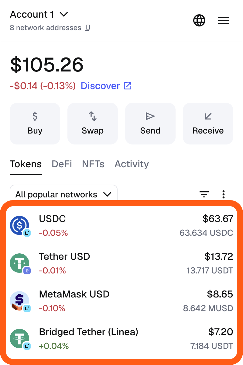 MetaMask extension tokens tab list