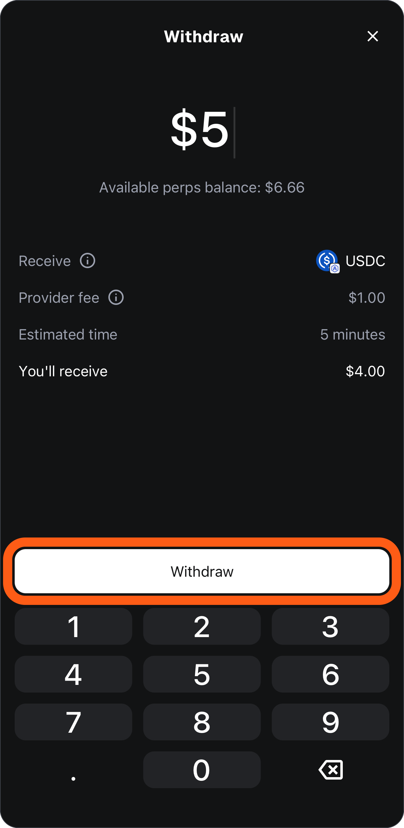 MetaMask Mobile perps withdraw funds confirmation screen