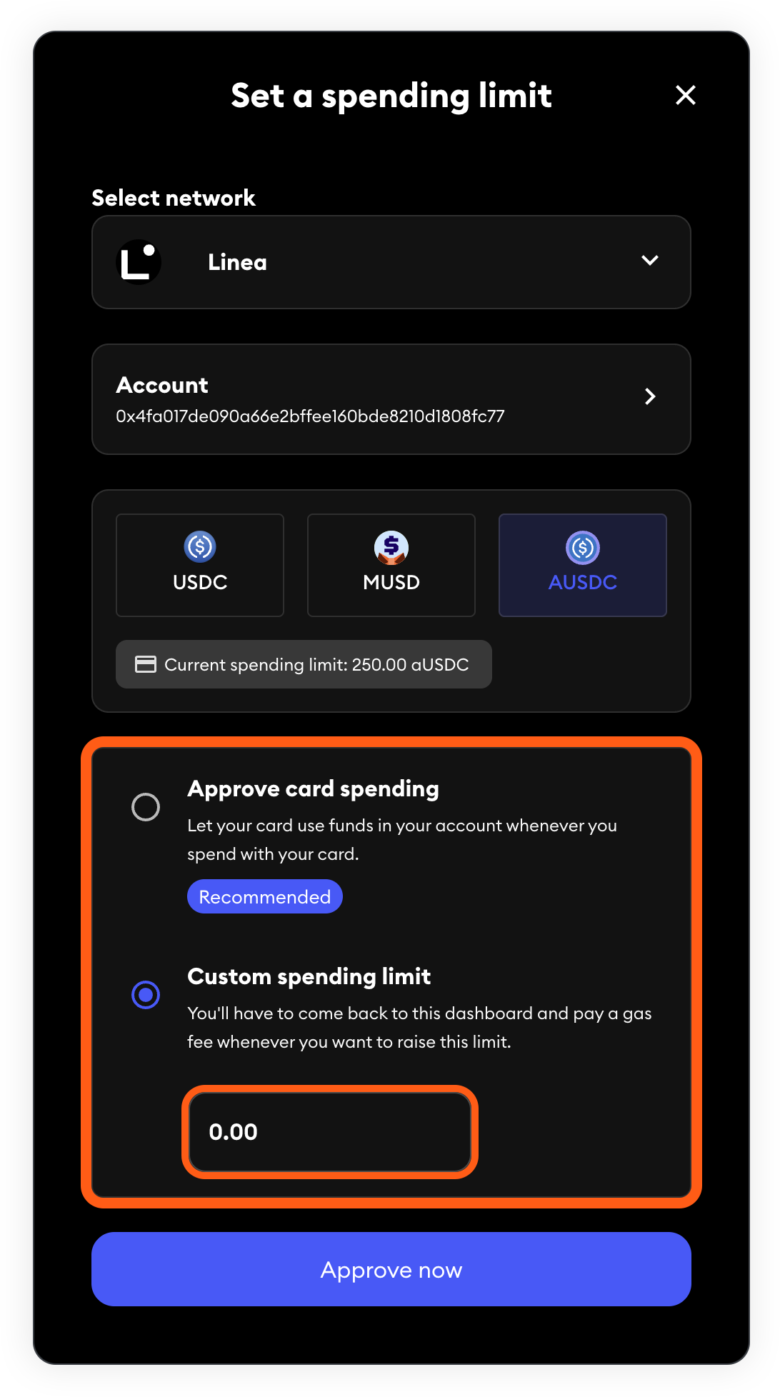 tarjeta MetaMask: restablecer límite de gasto