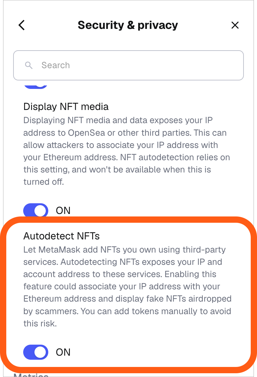 MetaMask extension autodetect NFT setting