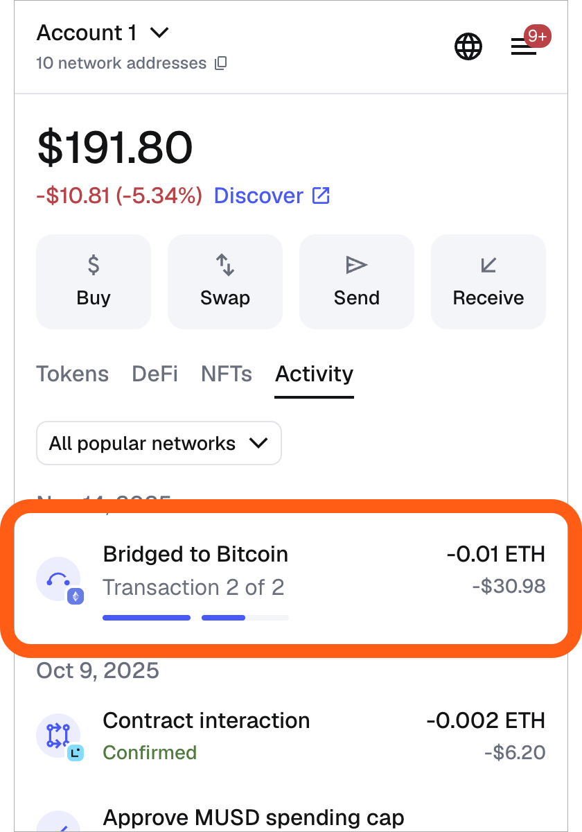 MetaMask extension activity tab pending Bitcoin swap transaction