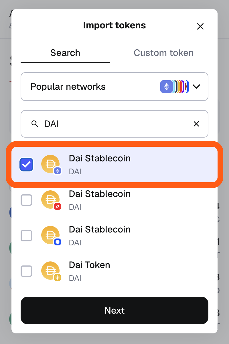 MetaMask extension select DAI token to import