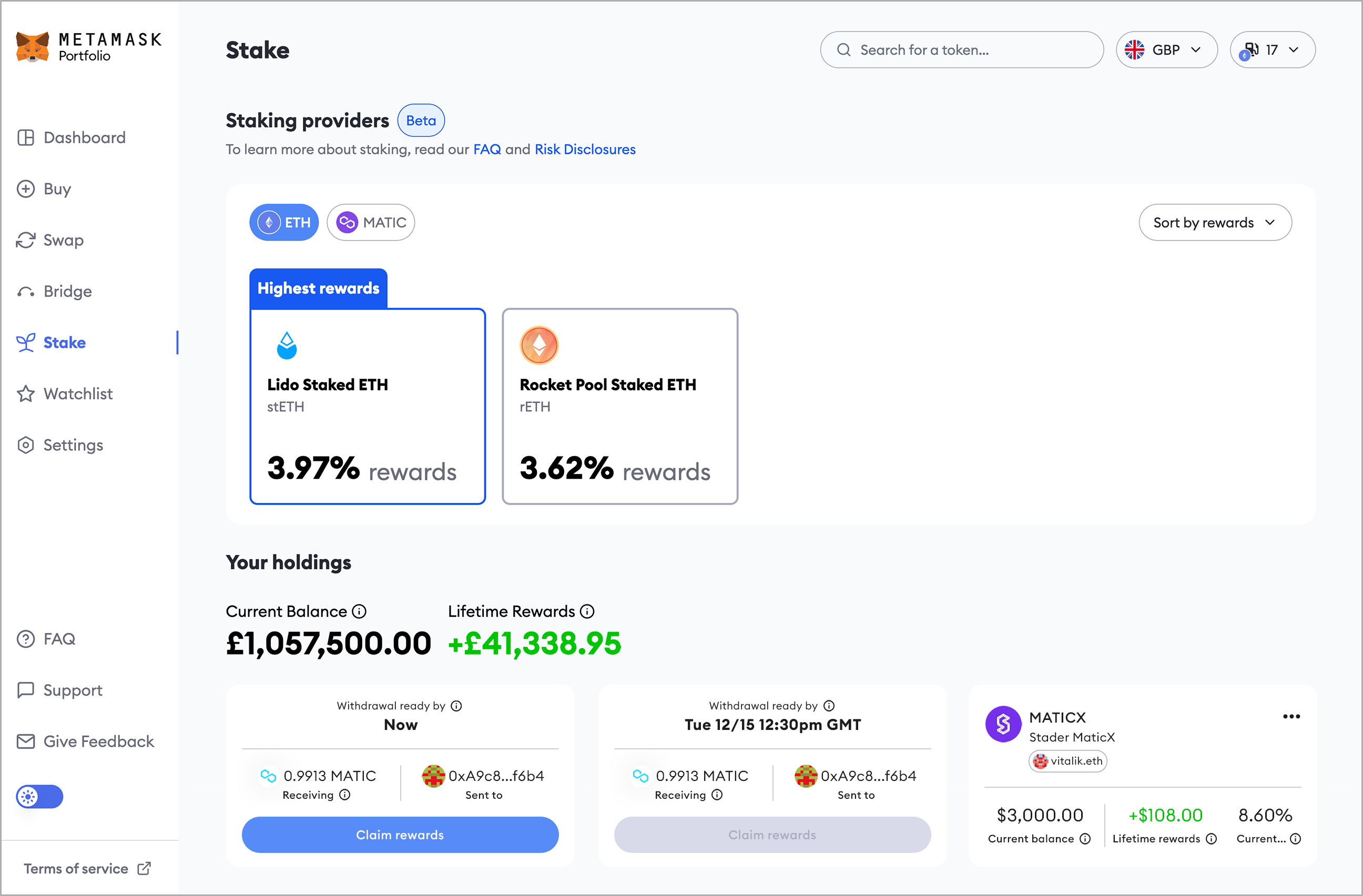 MetaMask Portfolio staking your
holdings