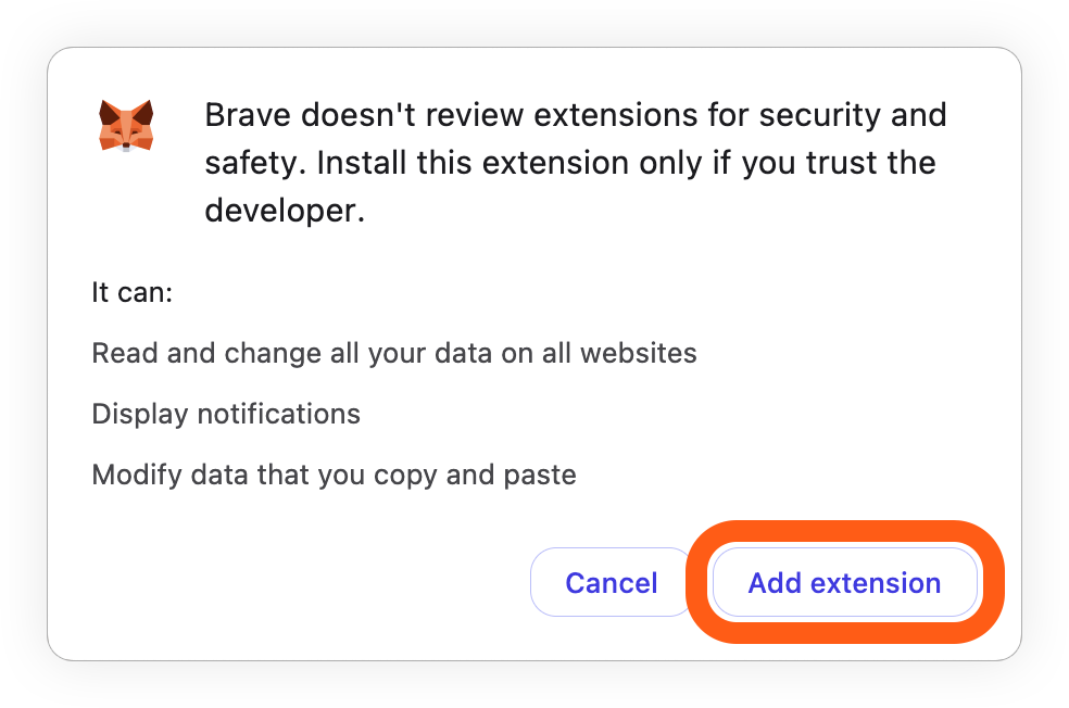 Brave add MetaMask extension confirm