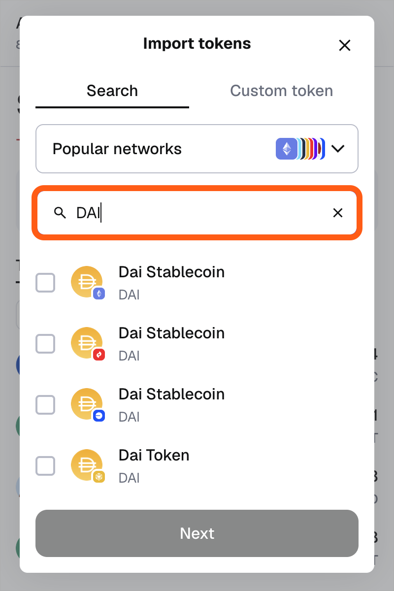MetaMask extension search for DAI token to import