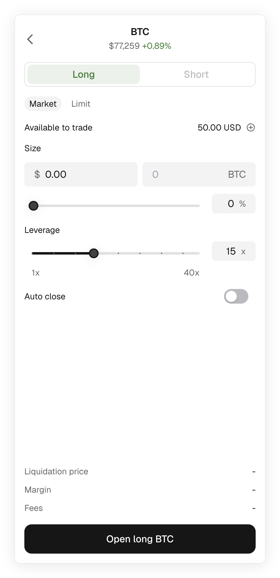 MetaMask extension perps configure options for opening long position