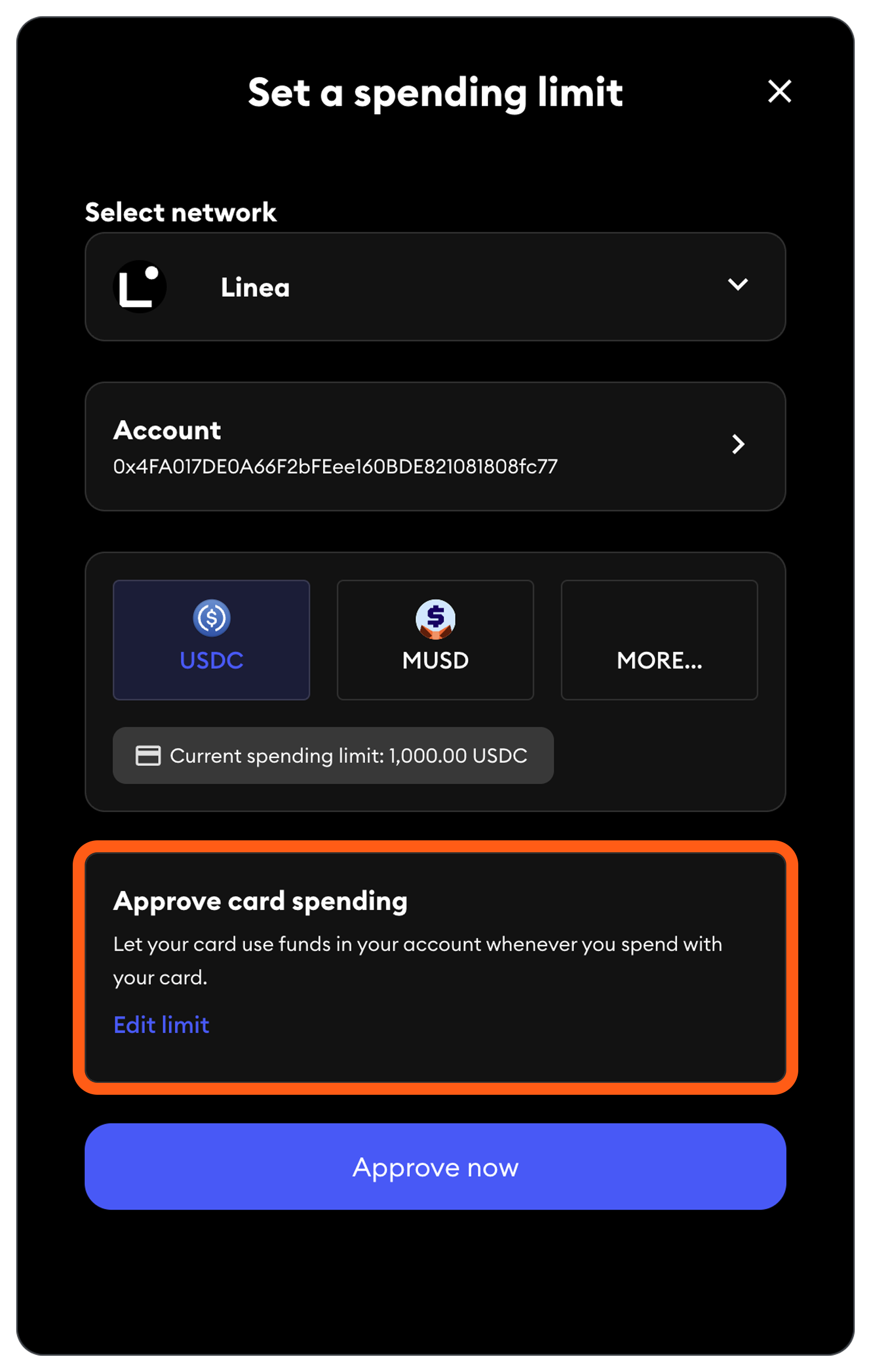 MetaMask card enable token approve card spending