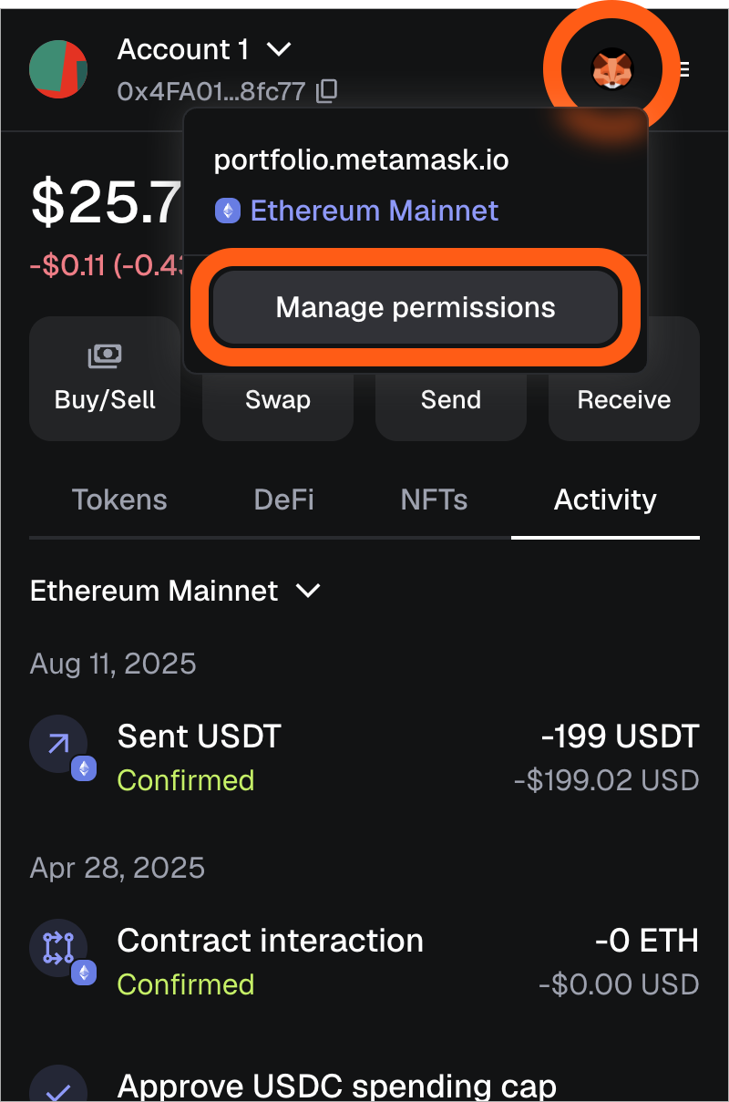 MetaMask extension connected dapp manage permissions