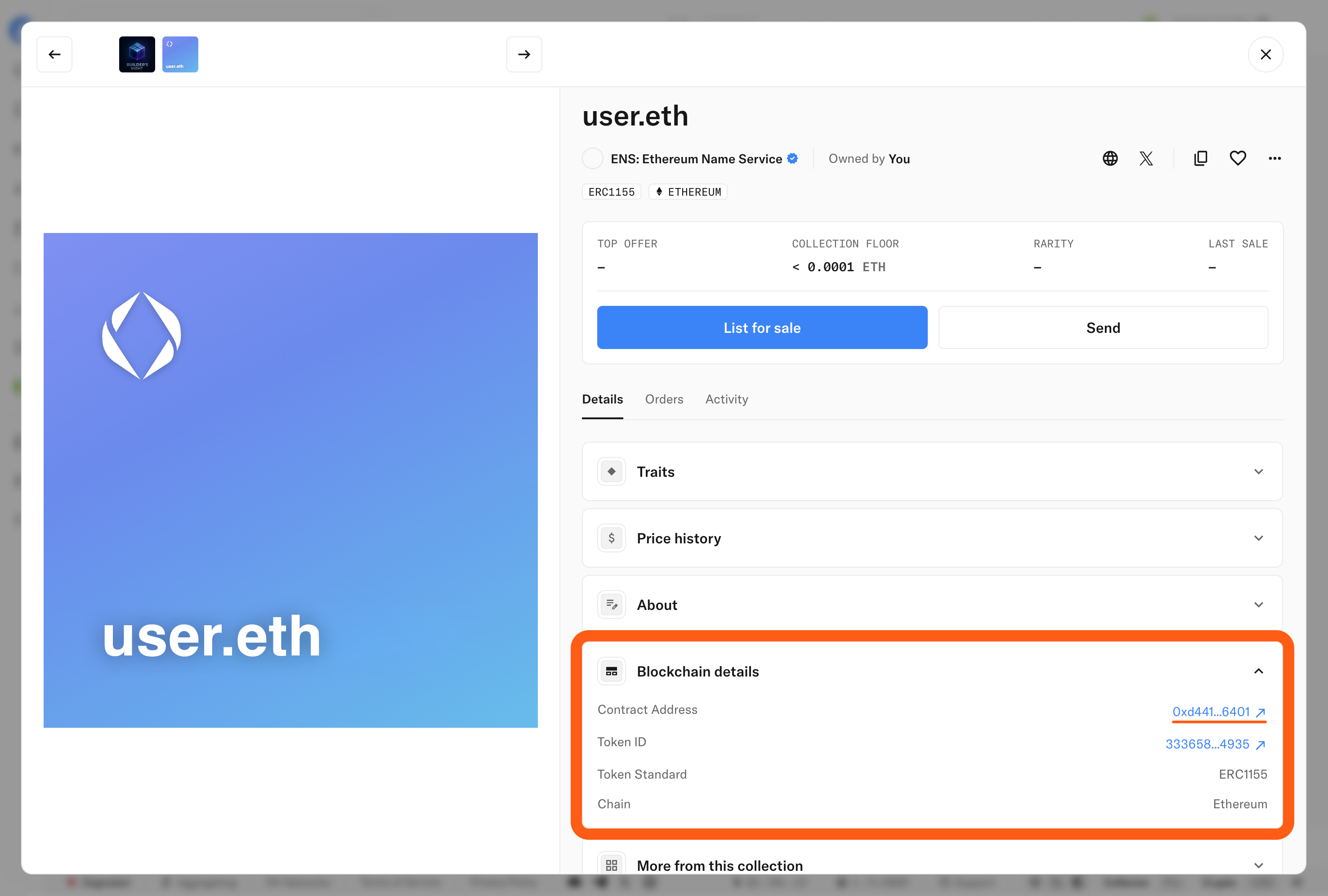 Opensea locate NFT blockchain details contract address