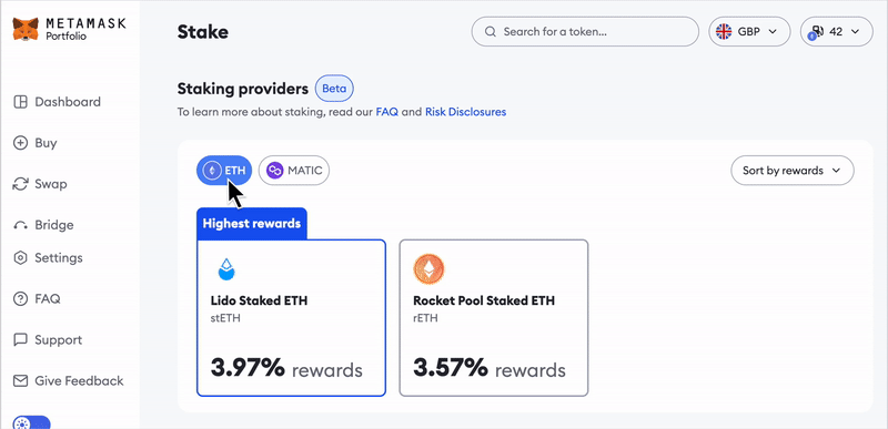 MetaMask Portfolio select token for
stake
