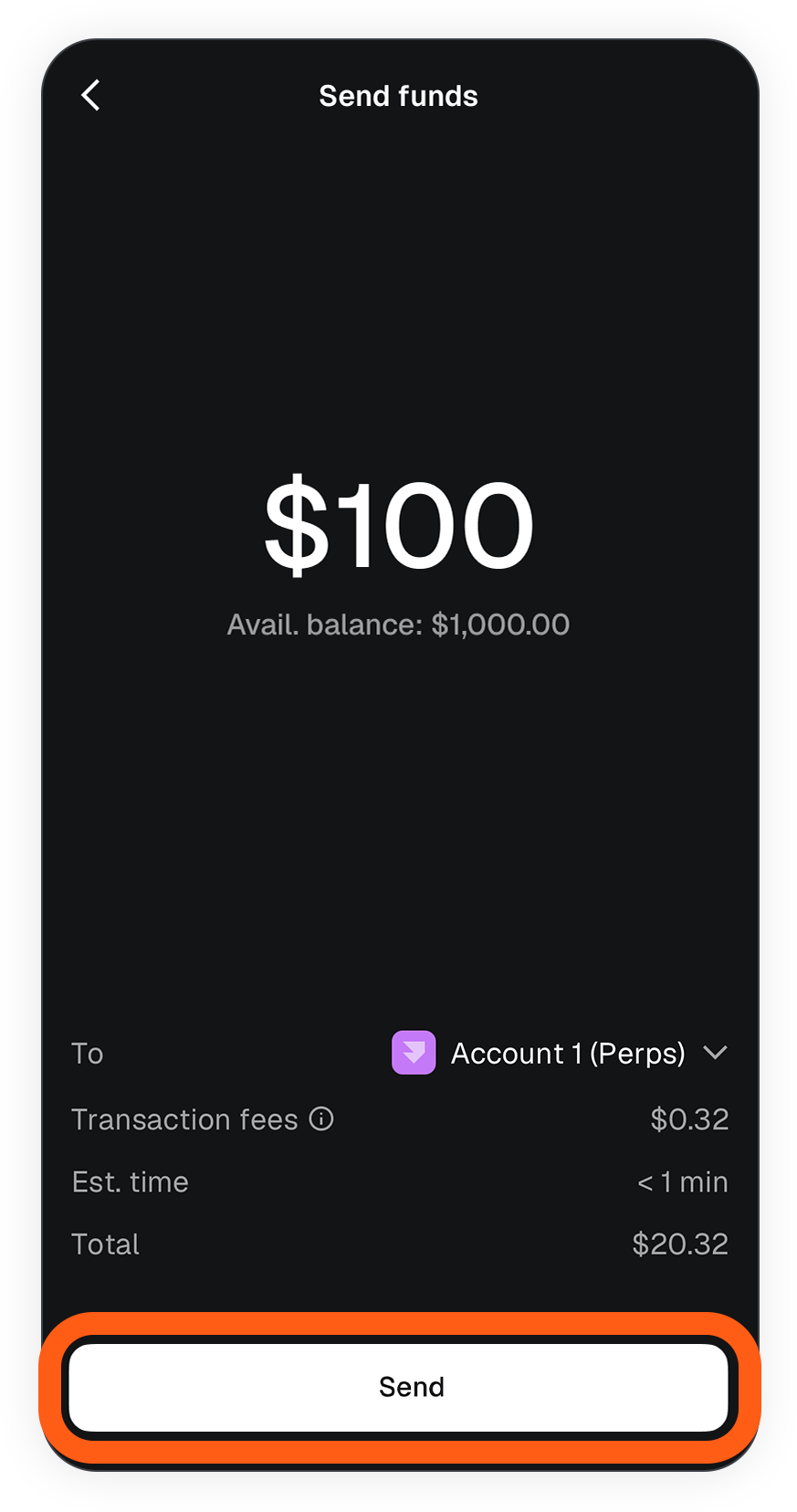 MetaMask mobile money account send funds to perps account confirm