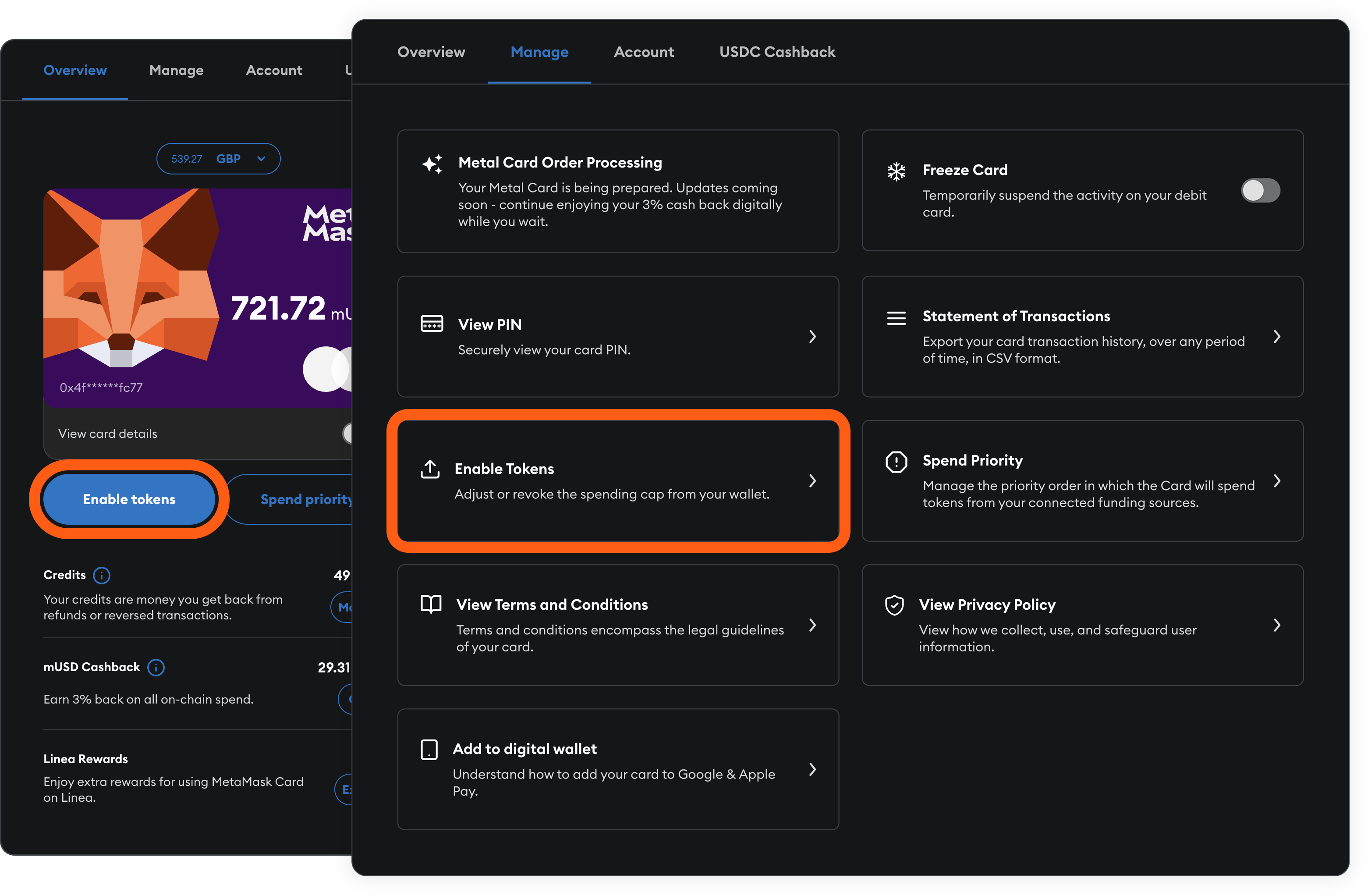 MetaMask Card locate enable tokens option