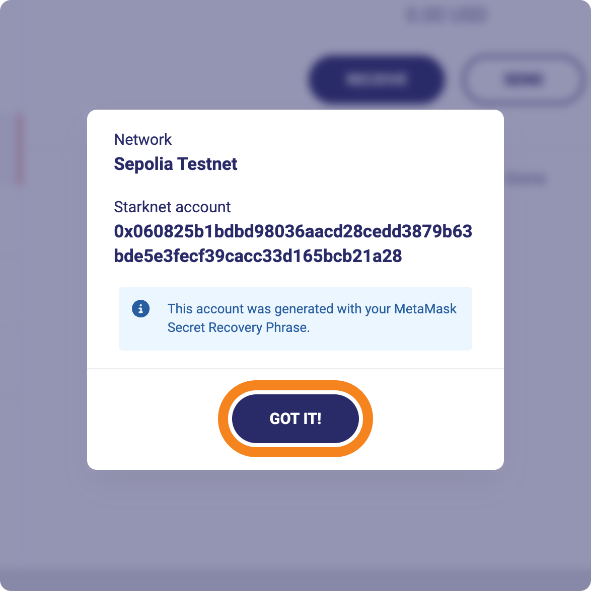 Starknet address generated
successfully