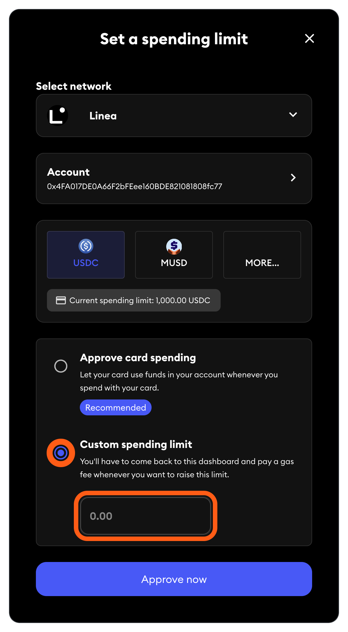 MetaMask card enable token set custom spending limit
