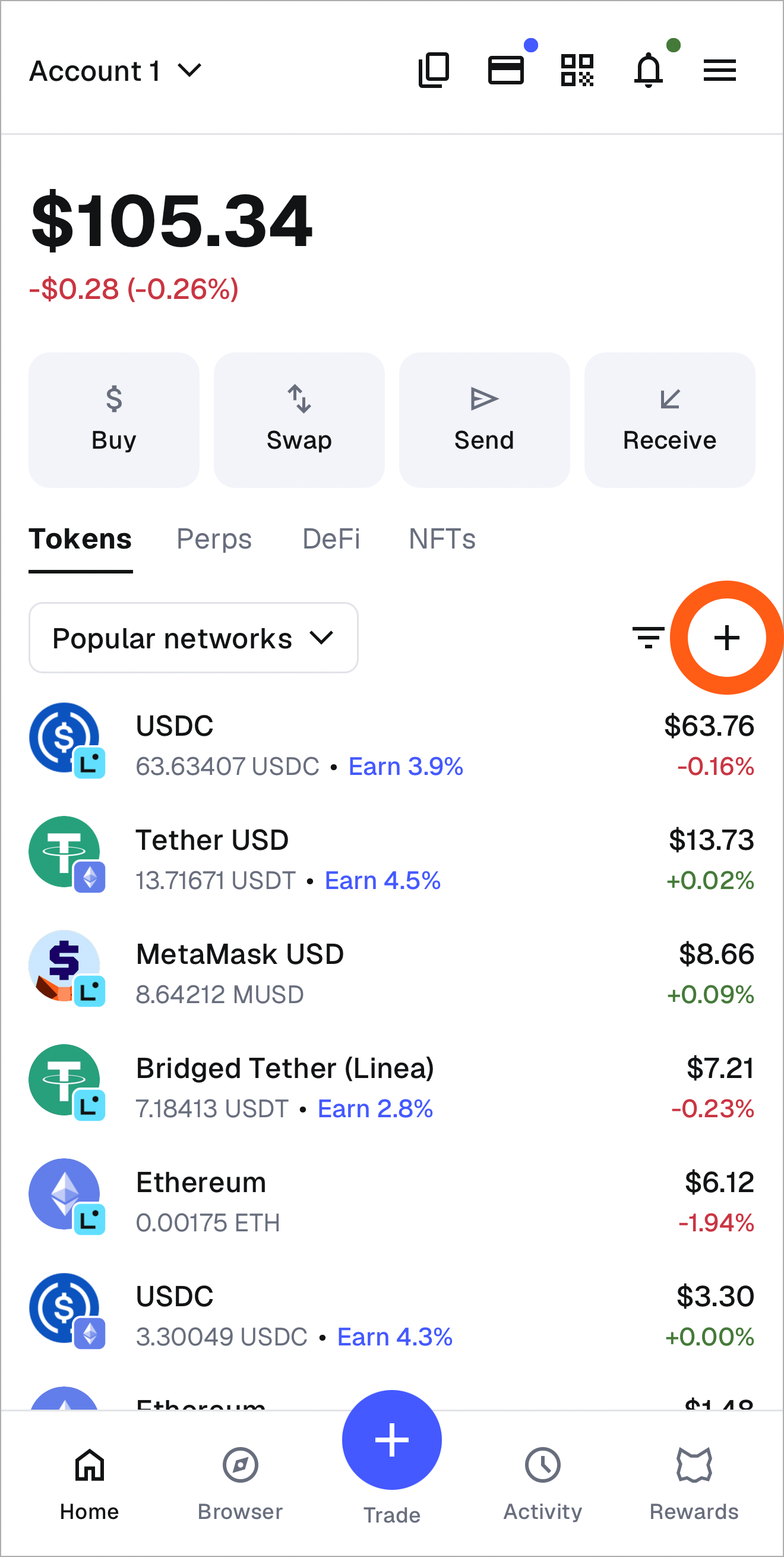 MetaMask mobile add token plus button