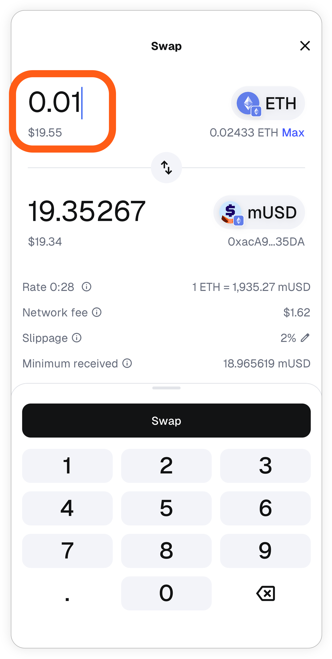 MetaMask mobile: selecionar valor para trocar por mUSD
