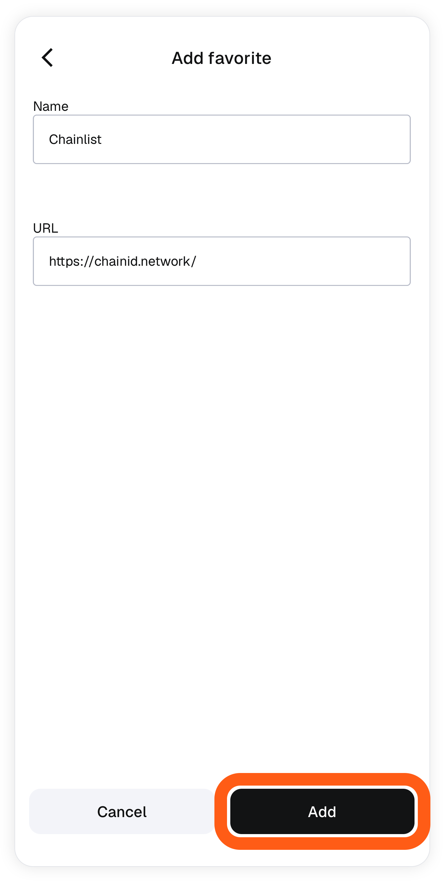 MetaMask mobile browser add to favorites screen