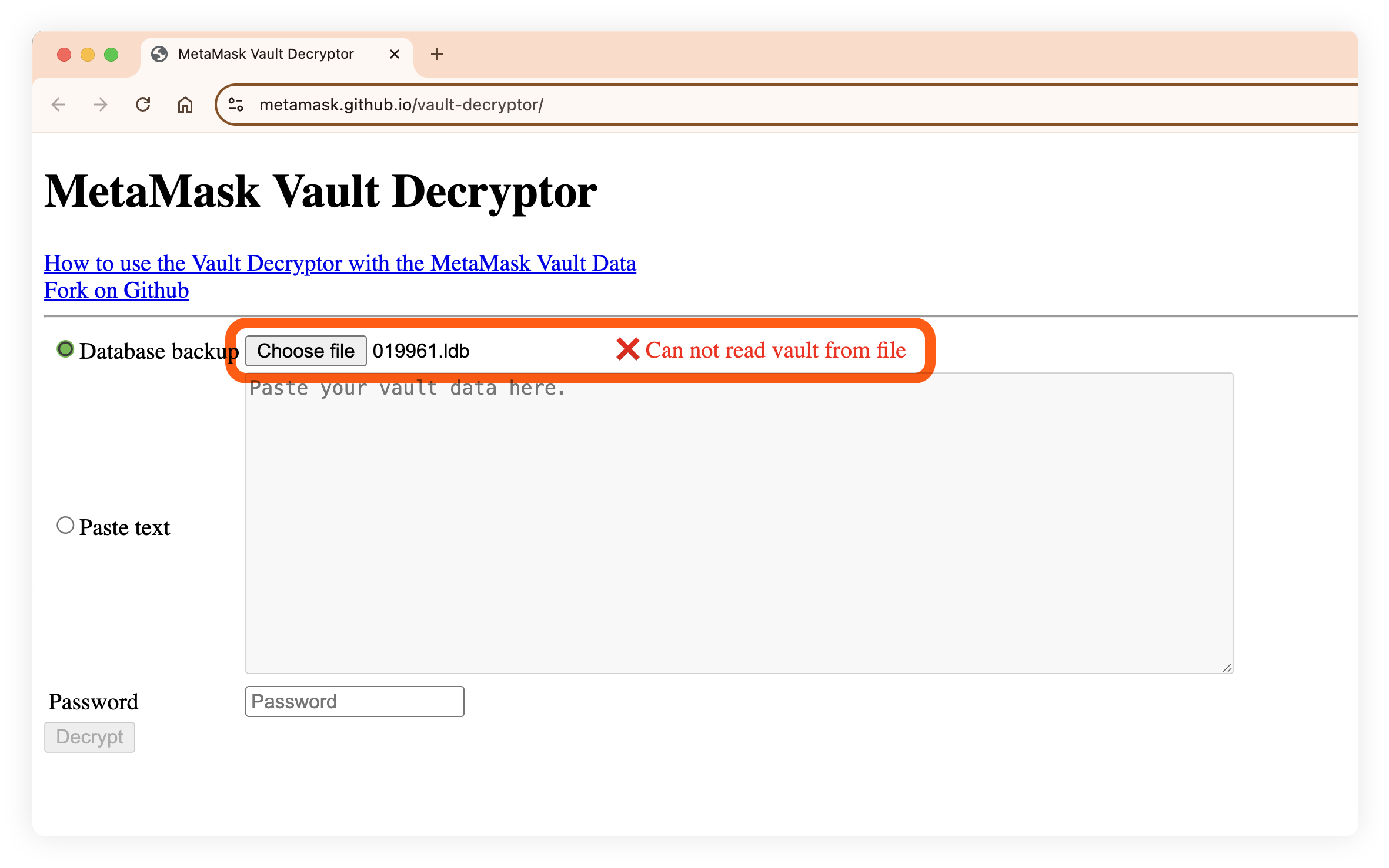 Vault decryptor cannot read file