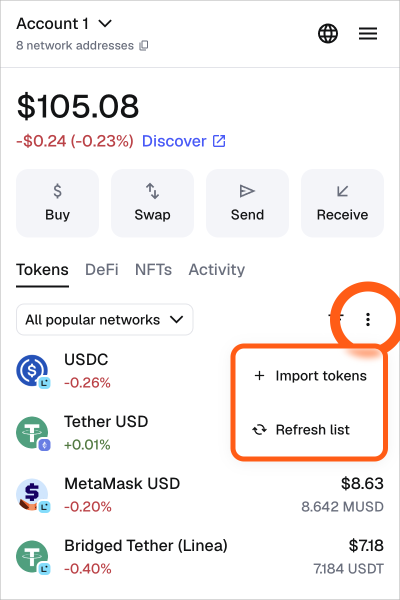 MetaMask extension locate import tokens dropdown