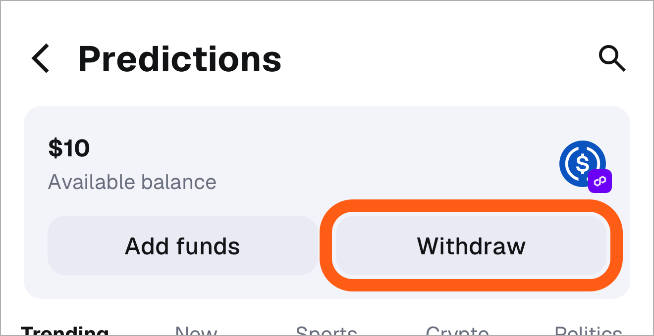 MetaMask mobile predictions withdraw button