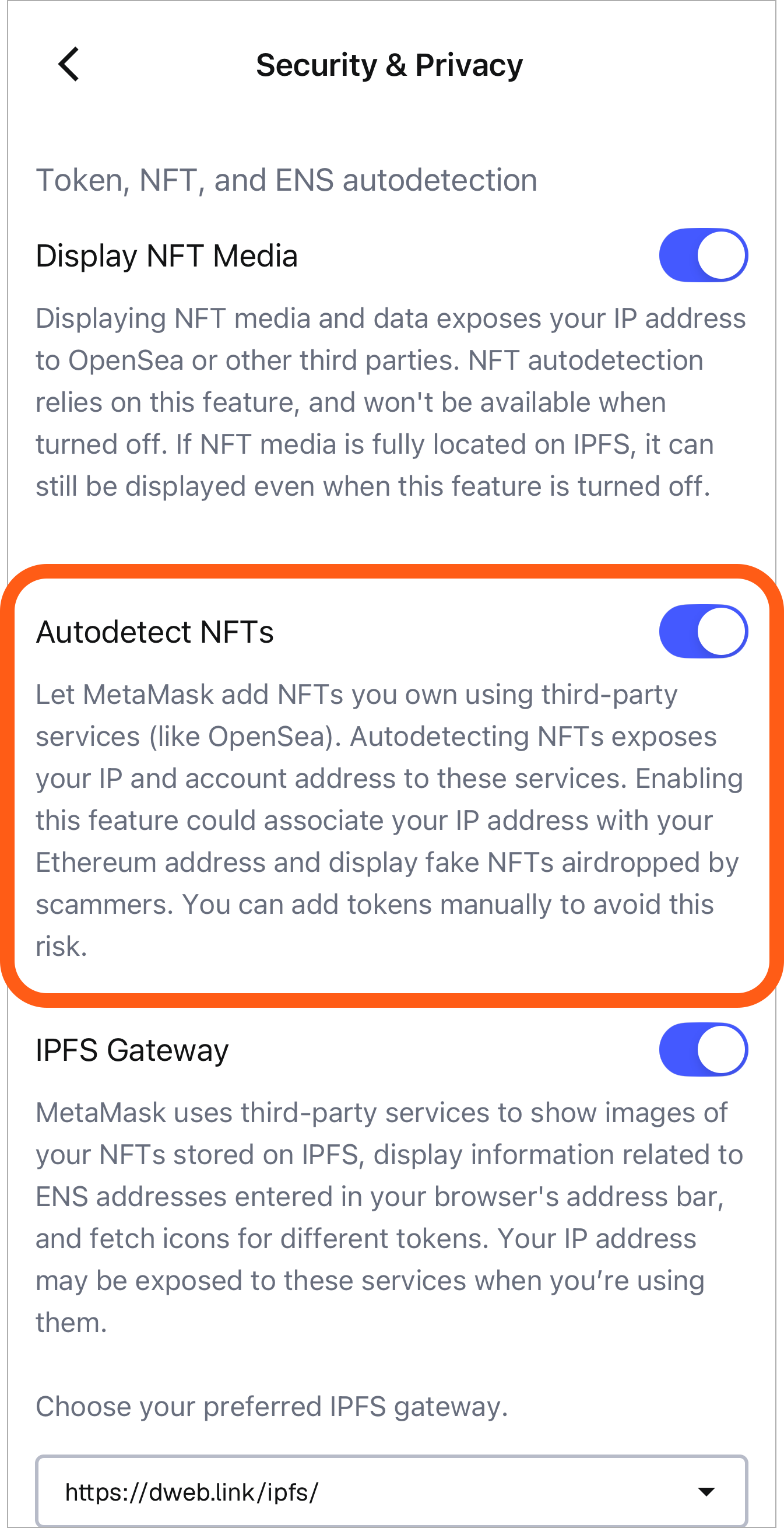 MetaMask Mobile autodetect NFT setting
