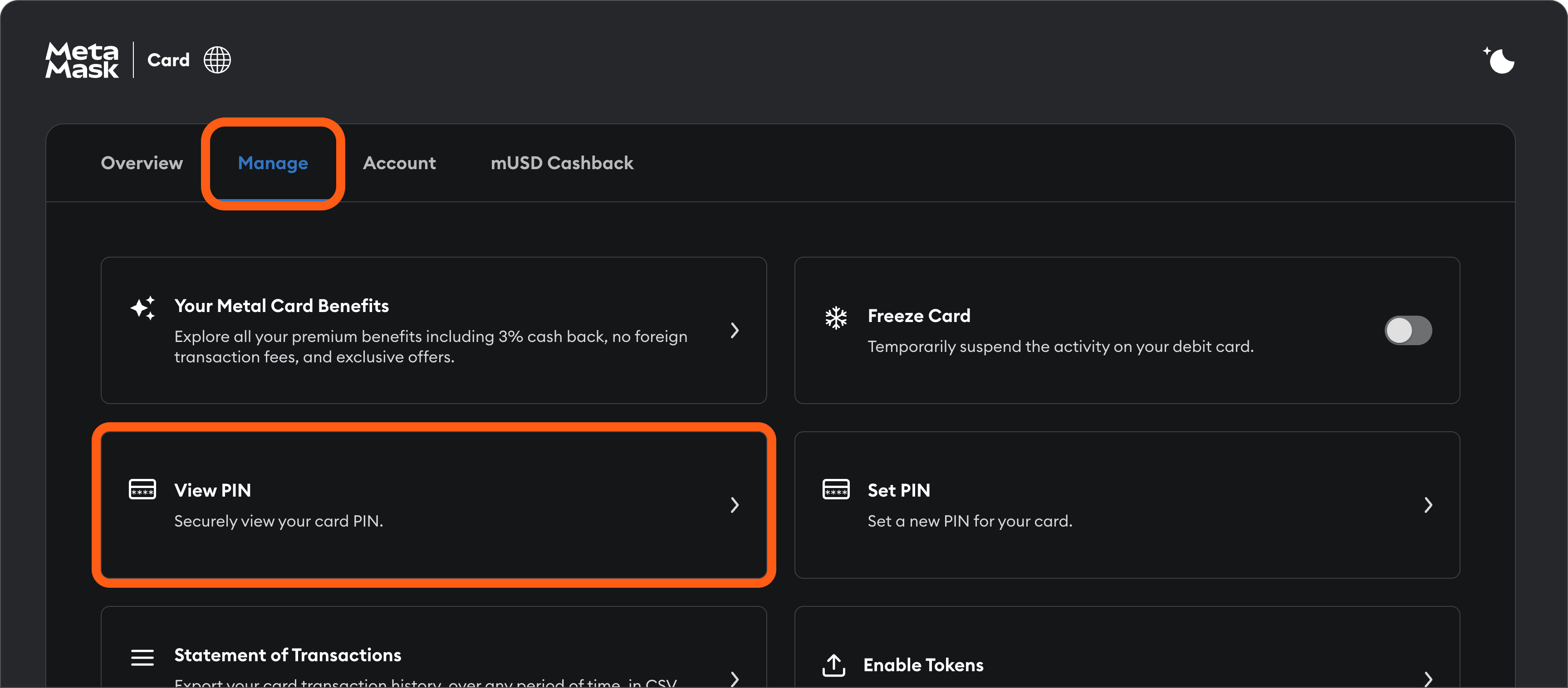 MetaMask Card dashboard manage view pin card