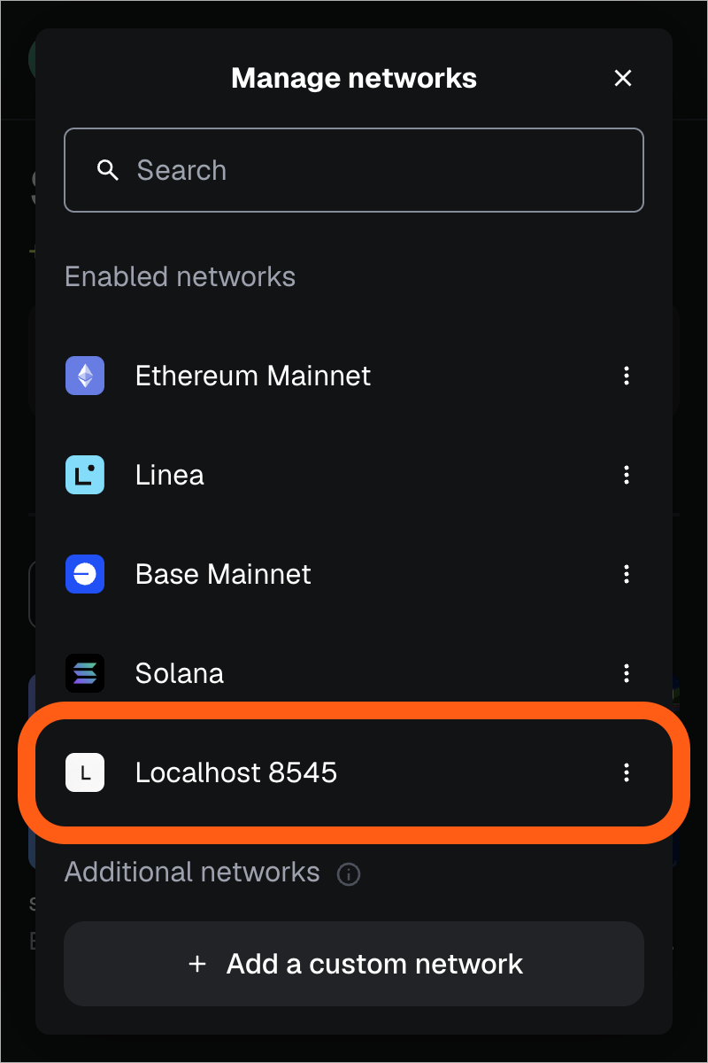 MetaMask extension networks list custom node