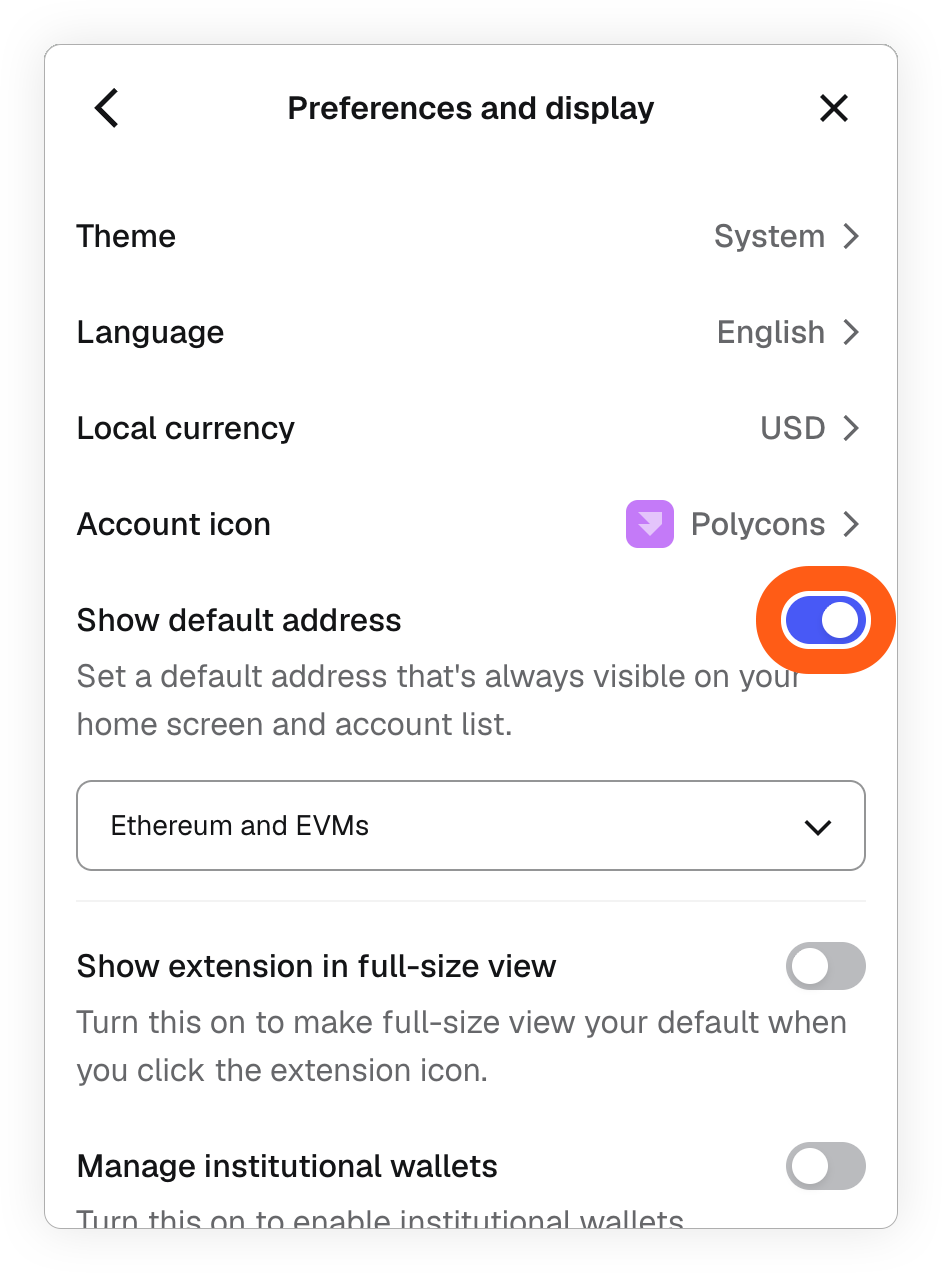 MetaMask extension preferences and display settings show default address toggle