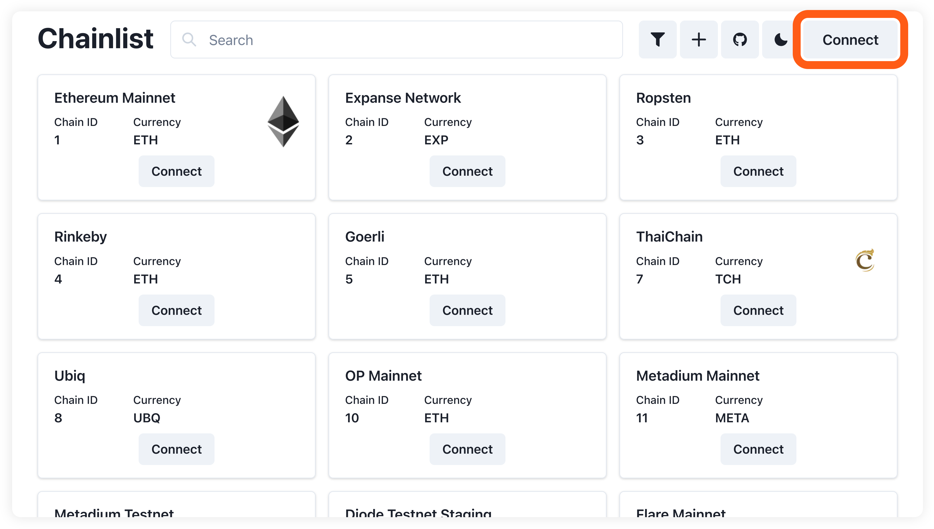 Chainlist connect to site button