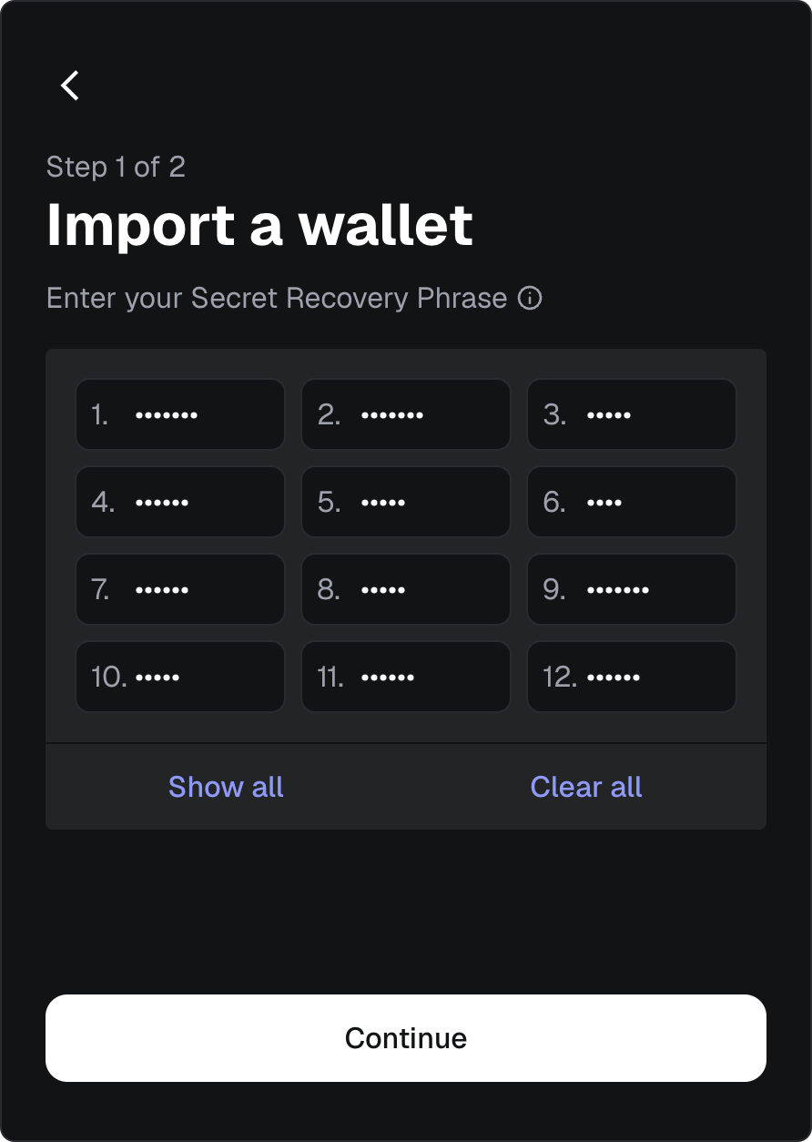 MetaMask extension onboarding input existing Secret Recovery Phrase