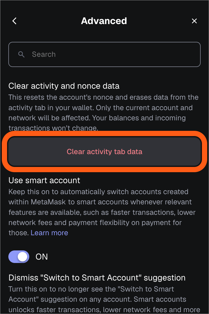 MetaMask extension advanced settings clear activity tab data