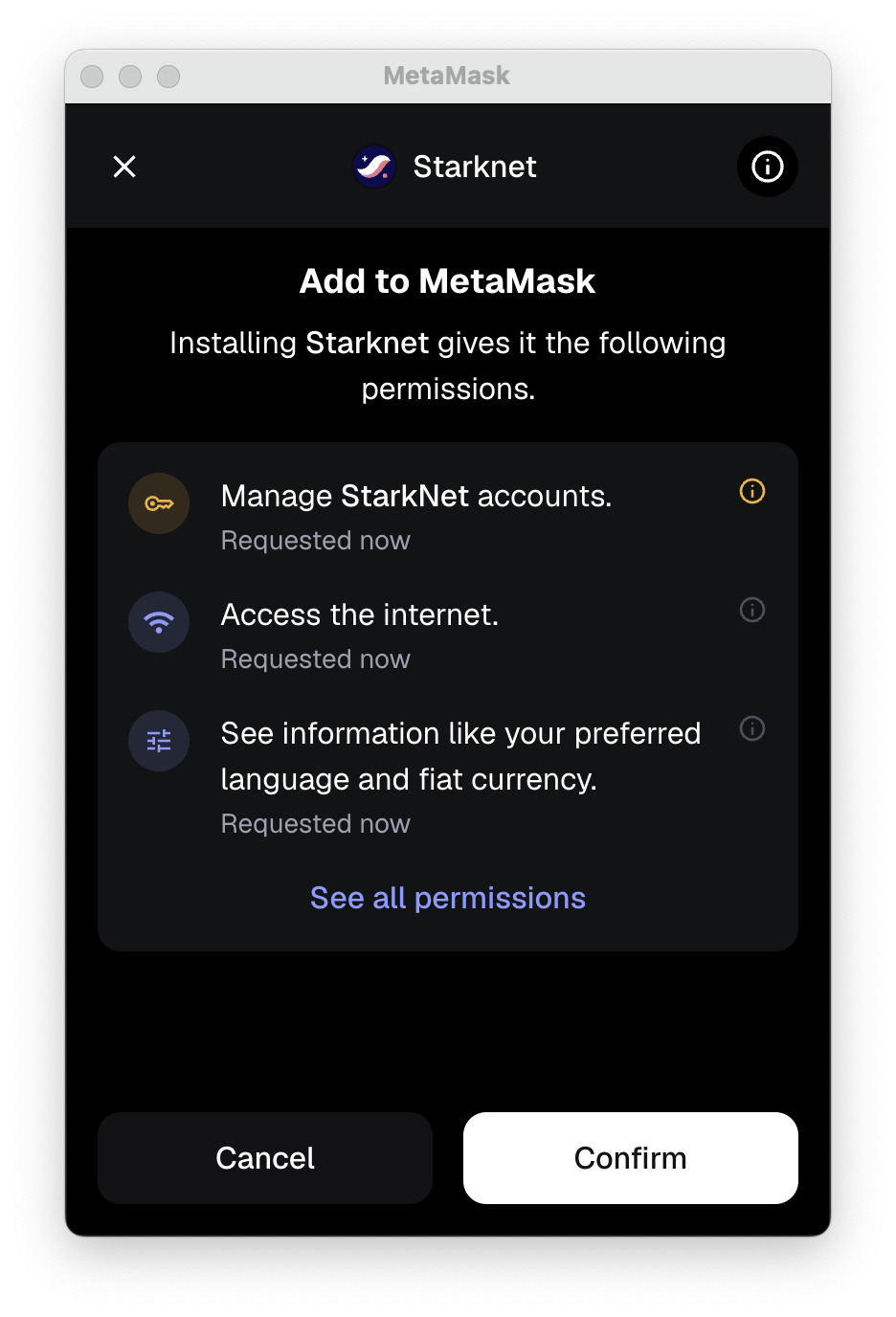 MetaMask Snaps extension Starknet permissions