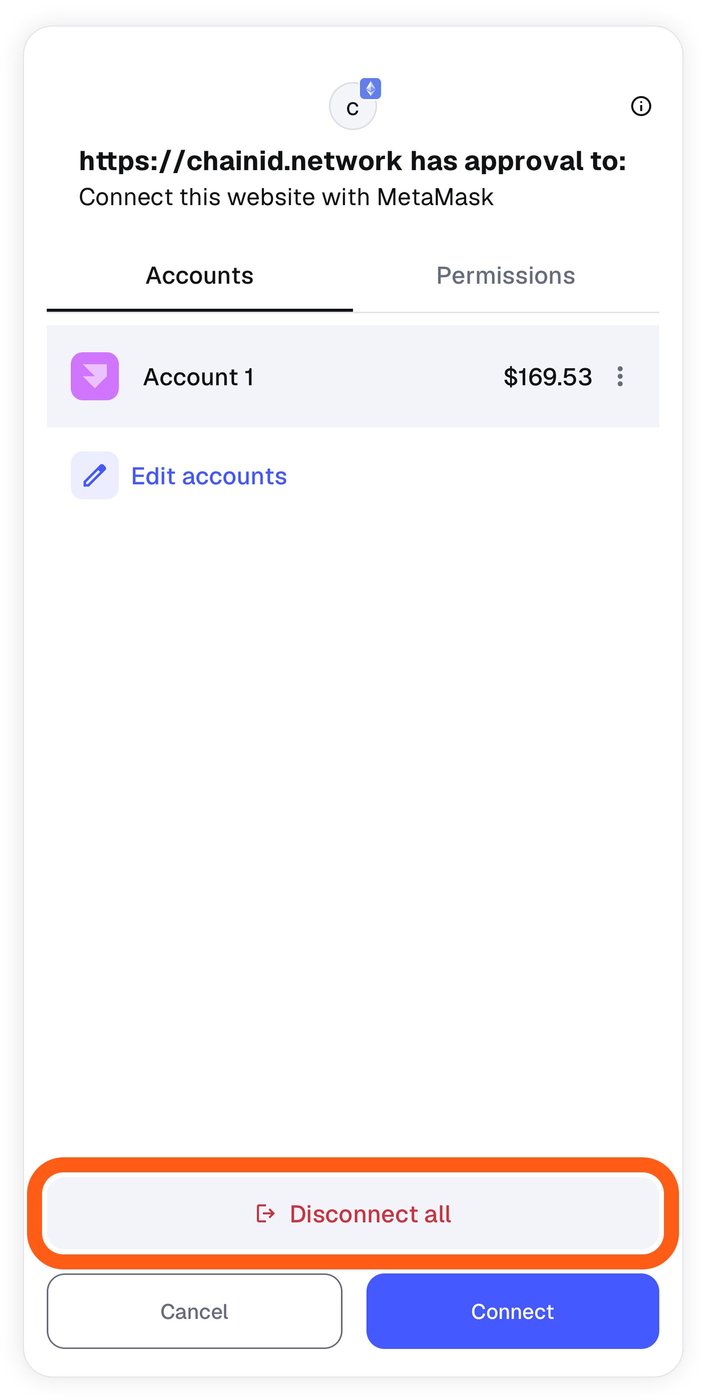 MetaMask mobile browser dapp permissions disconnect all