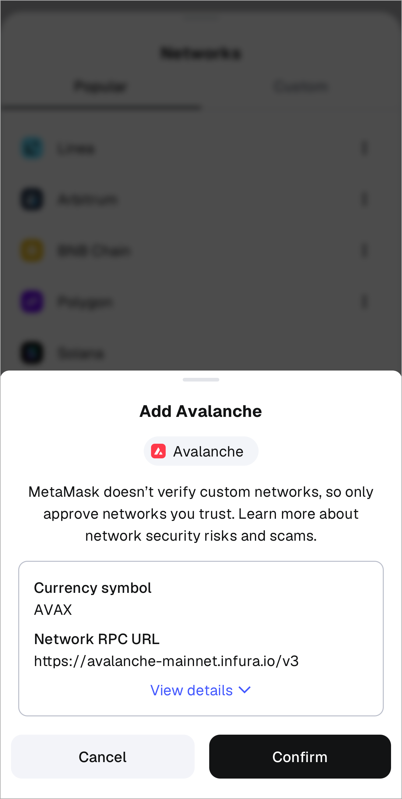 MetaMask mobile add new network confirmation