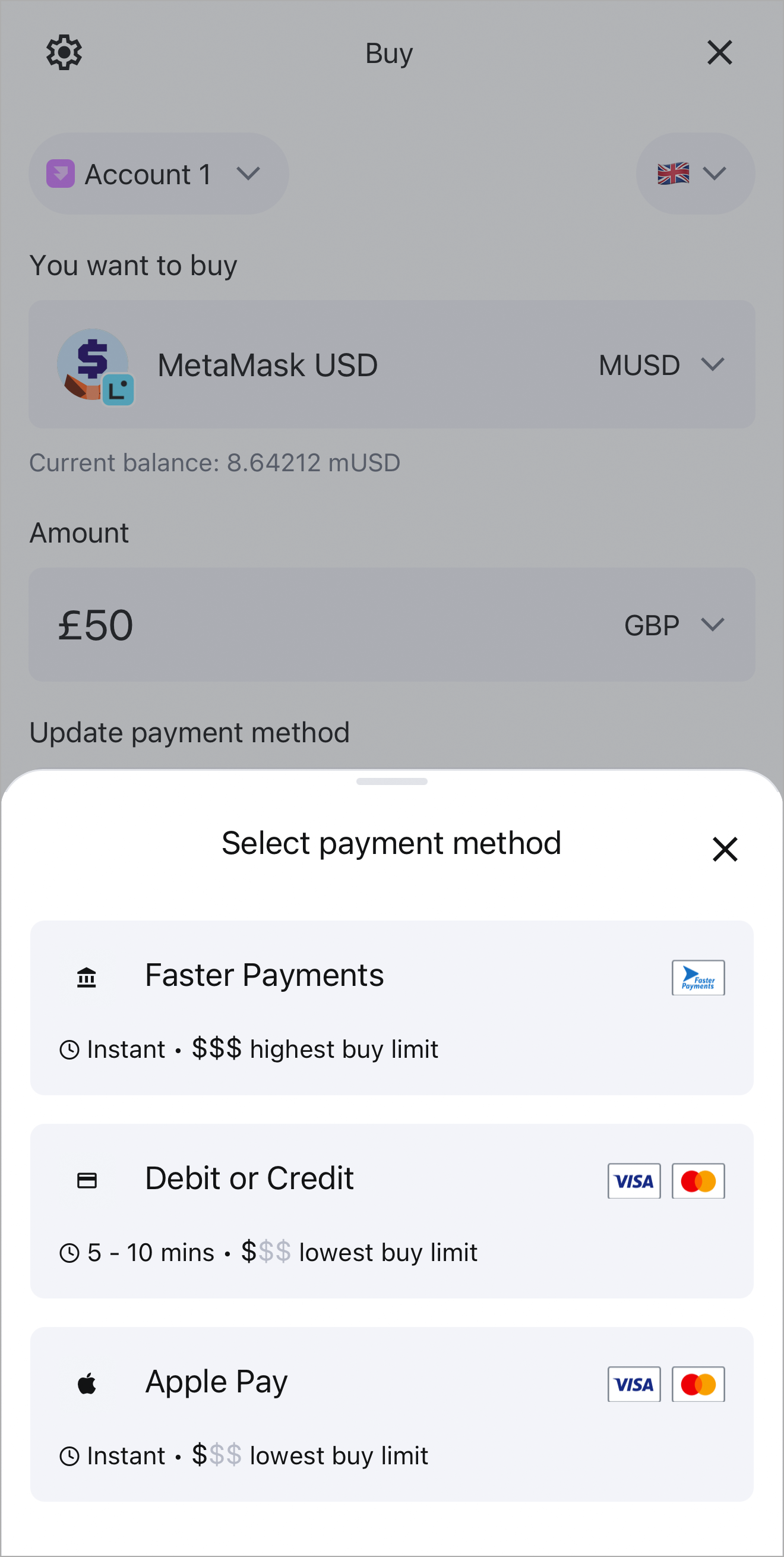 MetaMask mobile buy screen select payment method