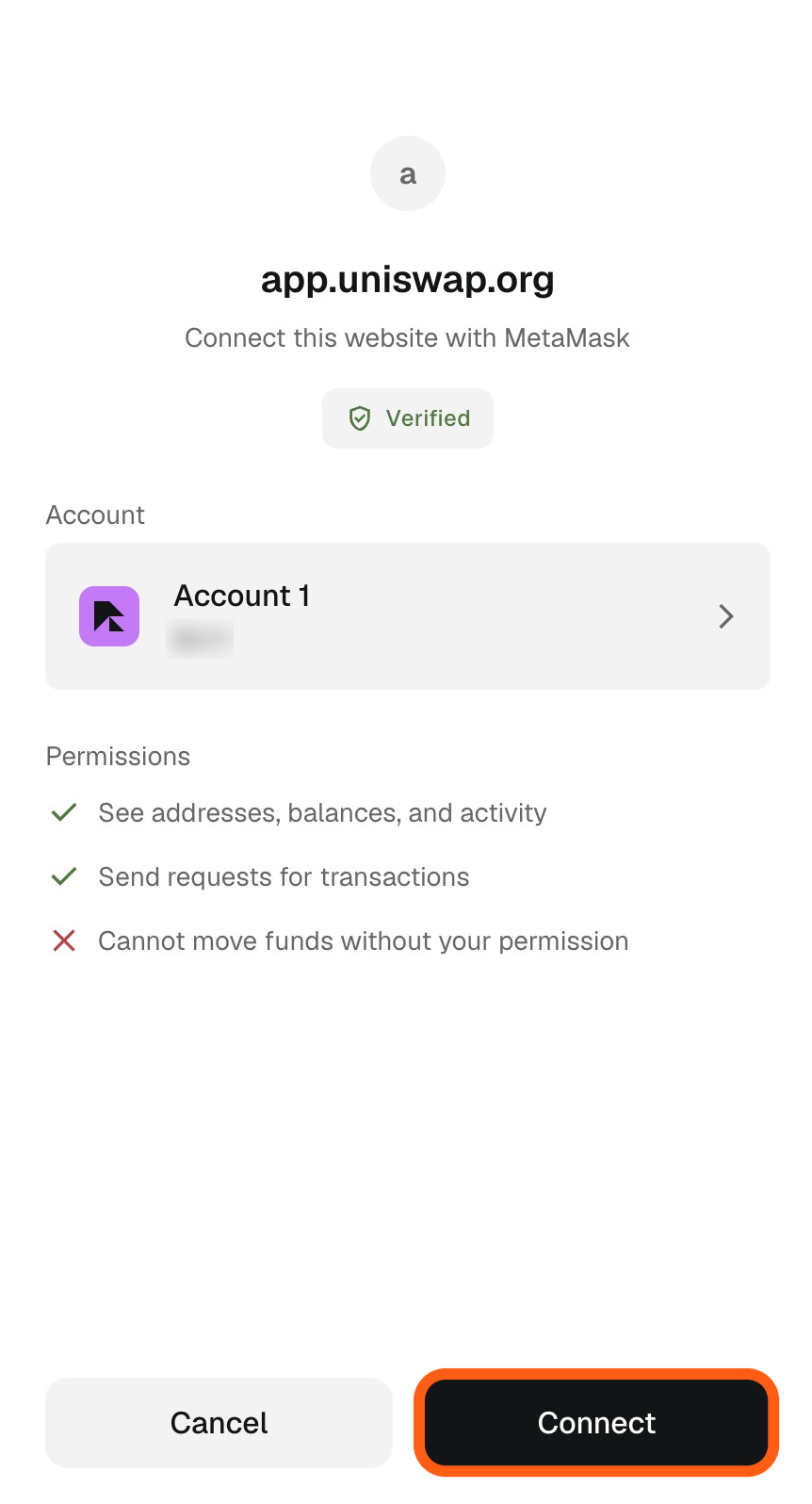 MetaMask connection request showing the account and permissions