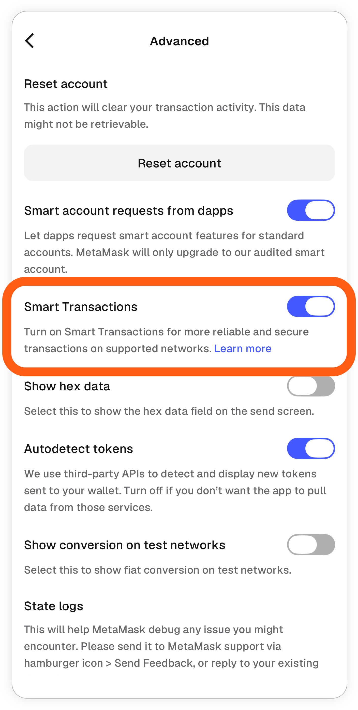 MetaMask Mobile locate advanced settings smart transactions toggle