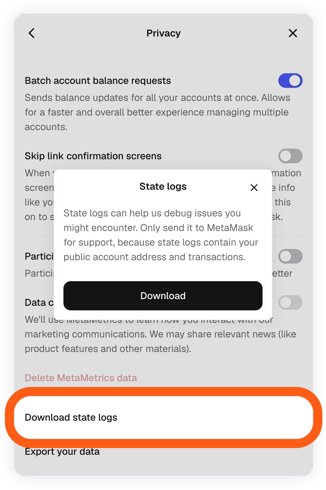 MetaMask extension download state logs menu item