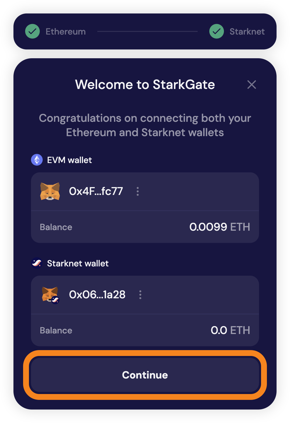 Both accounts connected to the StarkGate
bridge