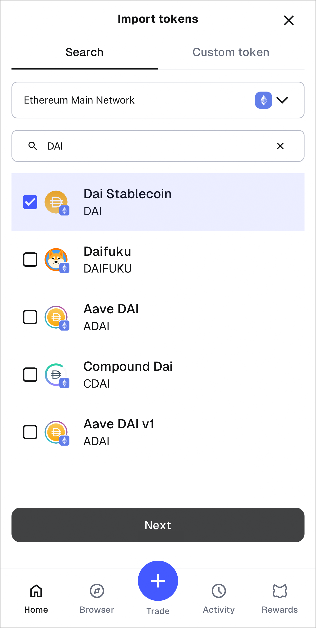 MetaMask mobile search for and select token to add