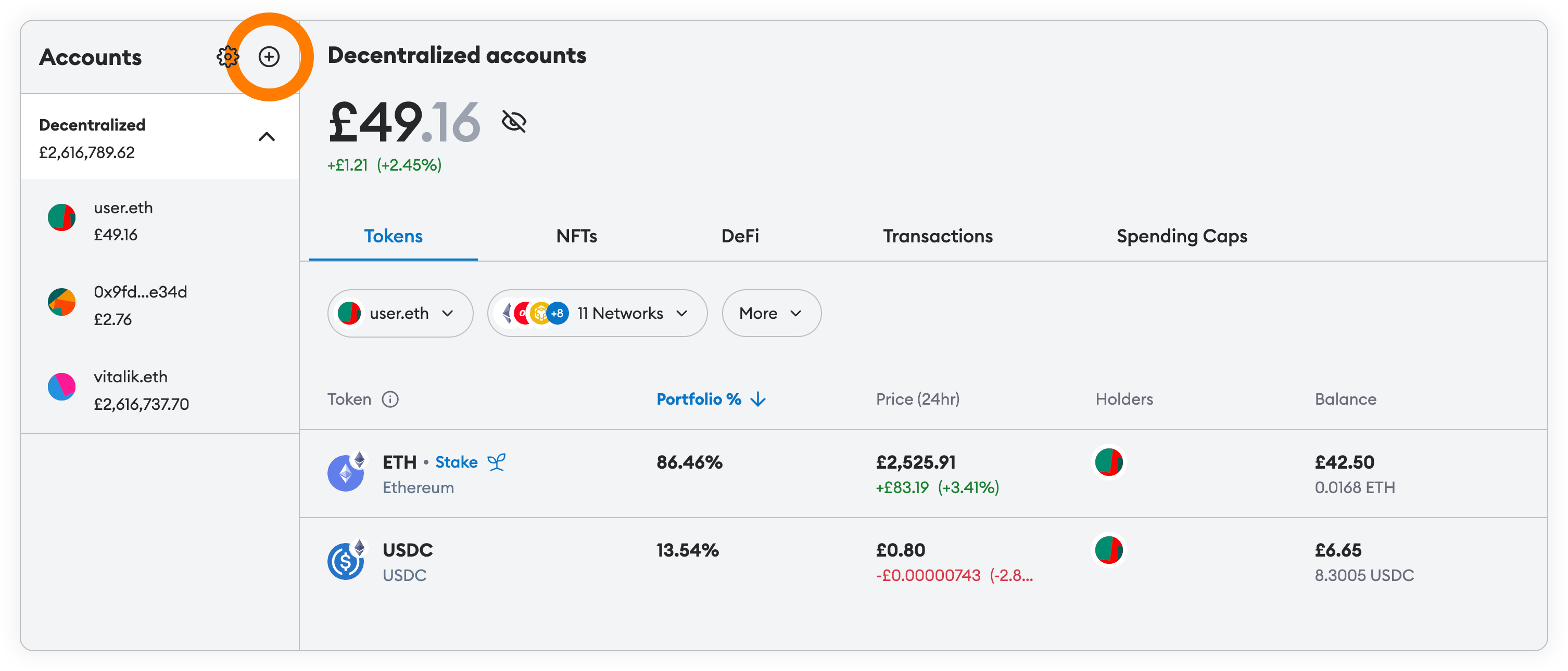 MetaMask Portfolio add account button
locate