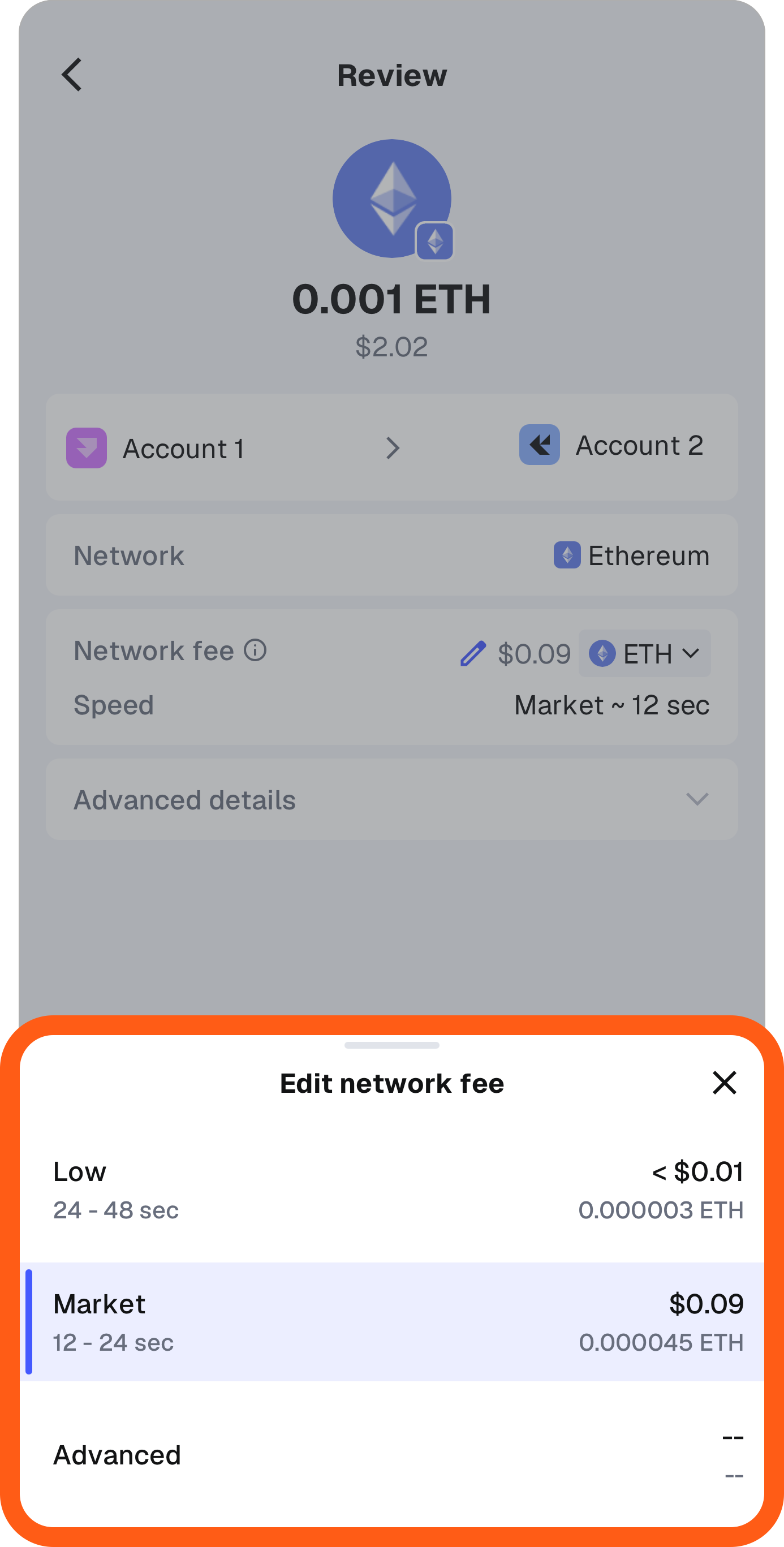 MetaMask mobile transaction screen edit network fee sheet