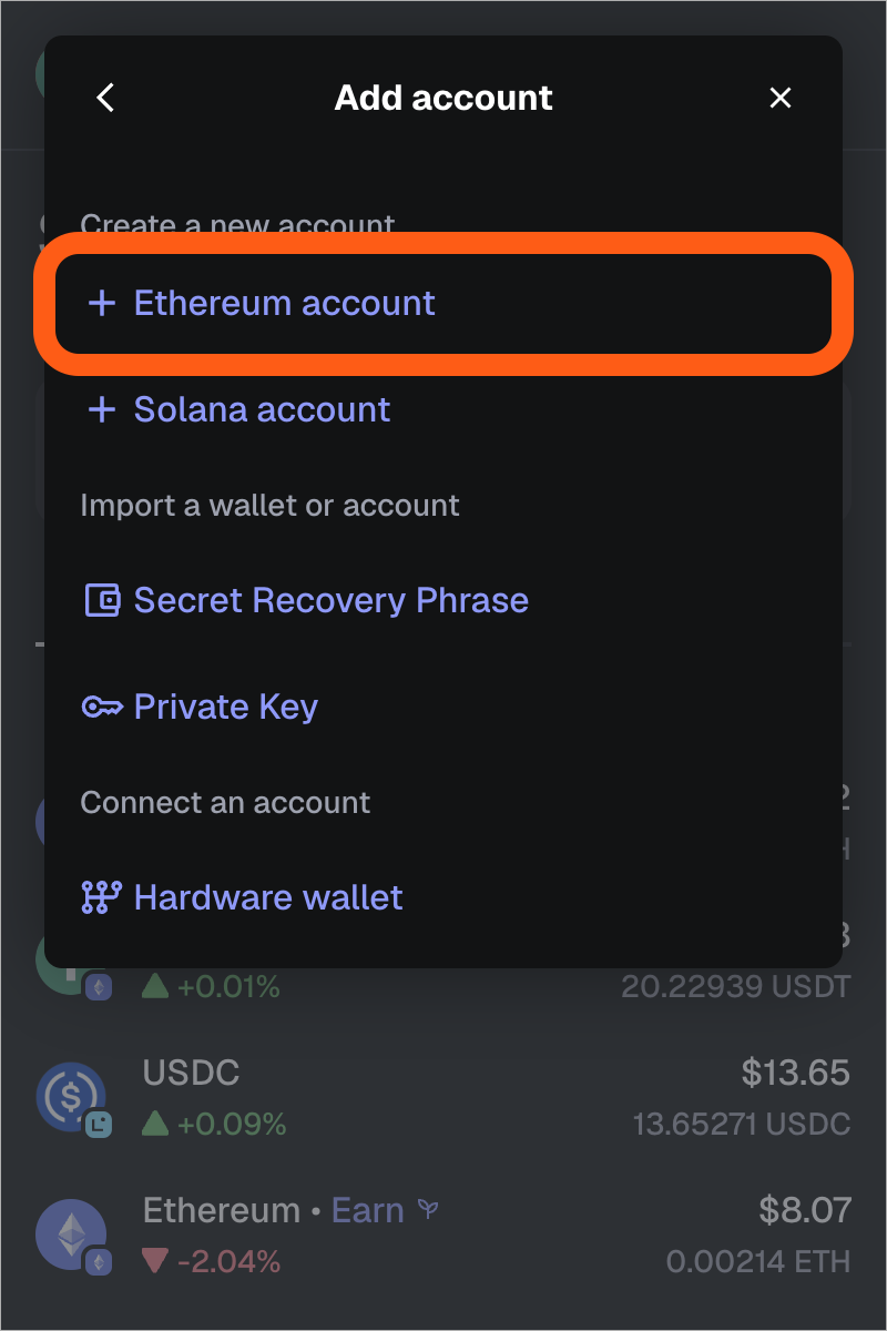 MetaMask extension add account menu ethereum account