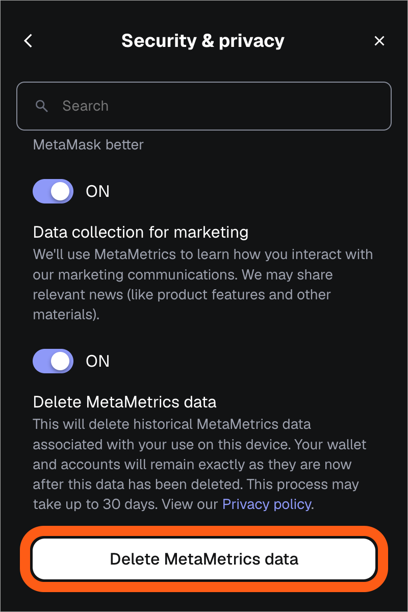 MetaMask extension locate delete MetaMetrics data button