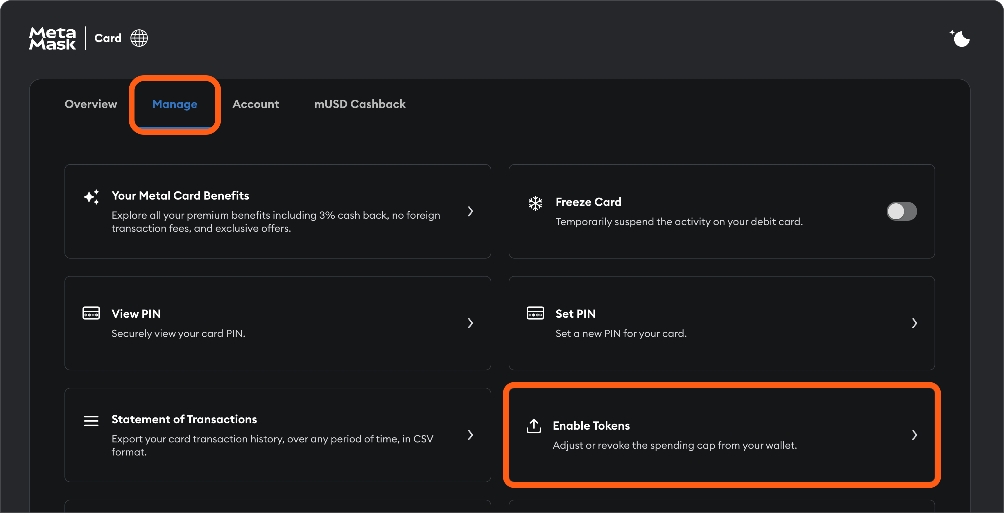 MetaMask Card dashboard manage enable tokens card