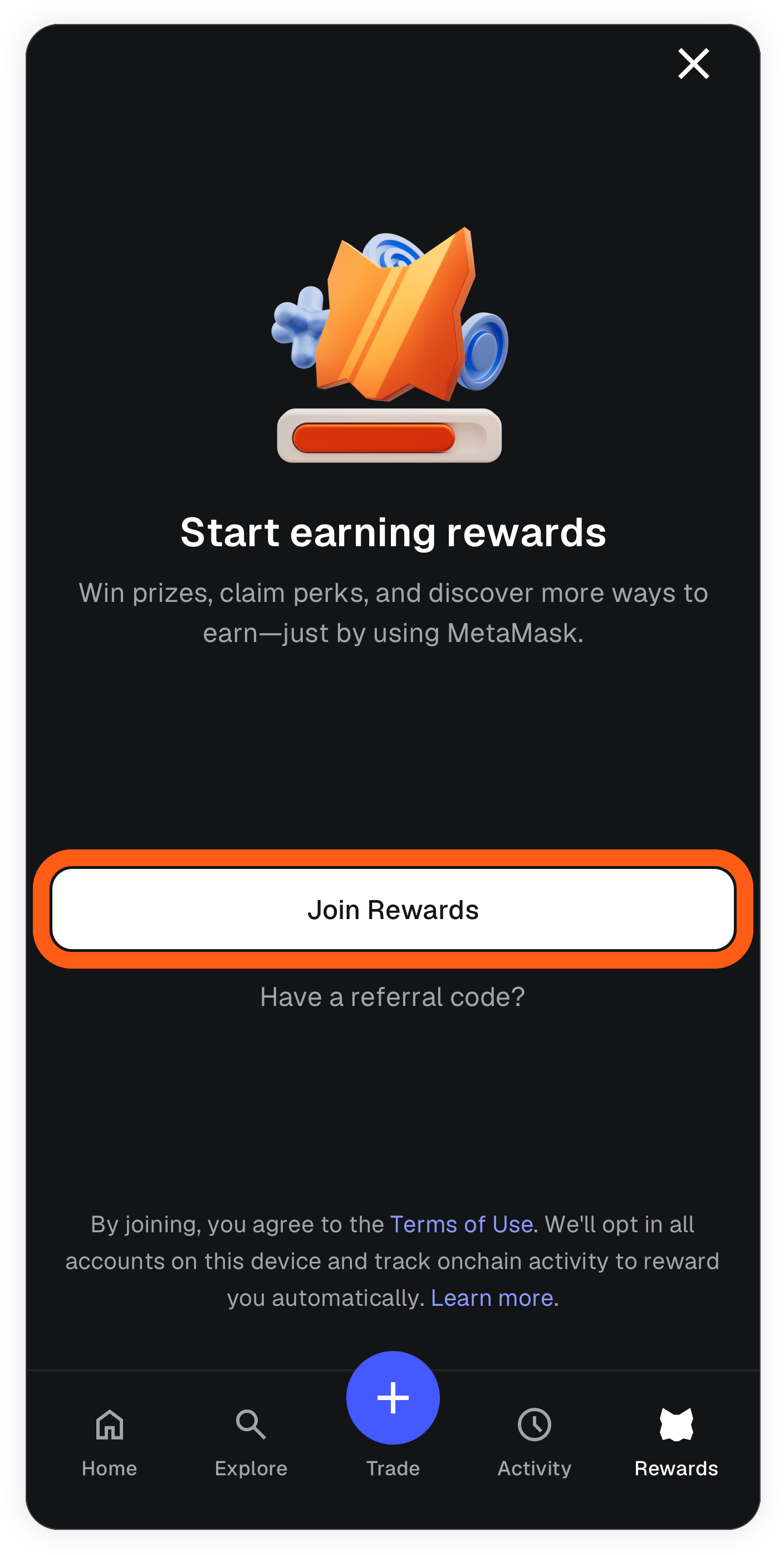 MetaMask mobile rewards first time user join rewards button