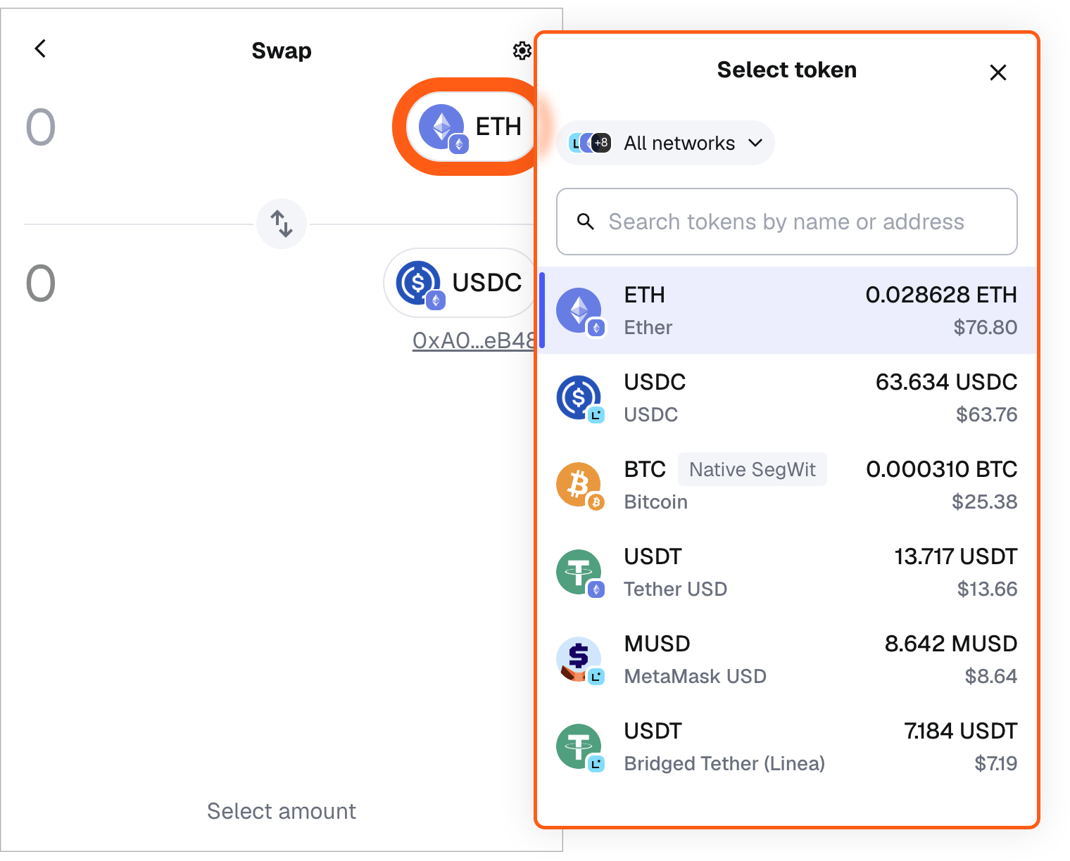 MetaMask extension choose token to swap from